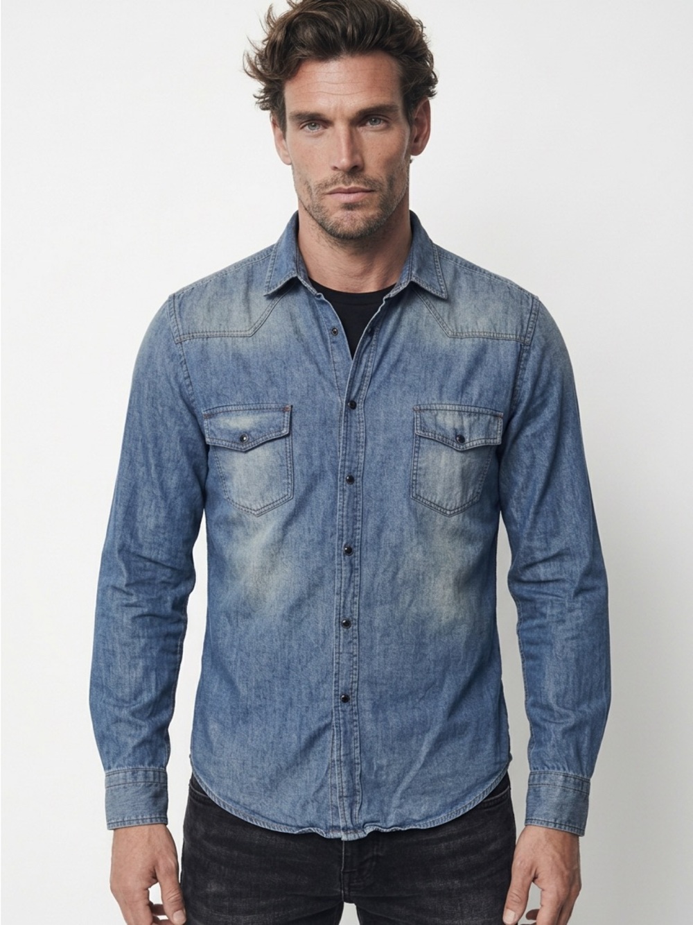 Zara Man Denim Western Shirt Mens Medium Blue Slim Fit Long Sleeve Faded